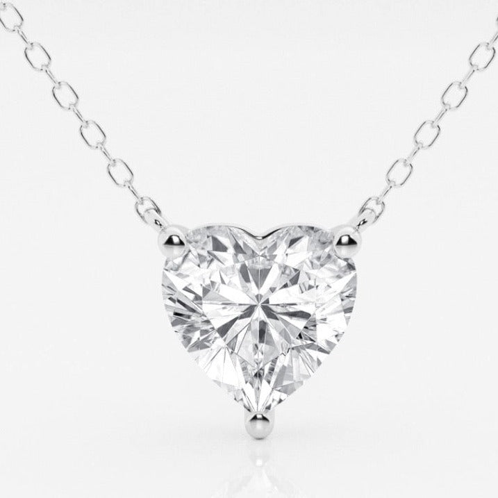 Front view of a solitaire heart shaped lab diamond pendant necklace in white gold