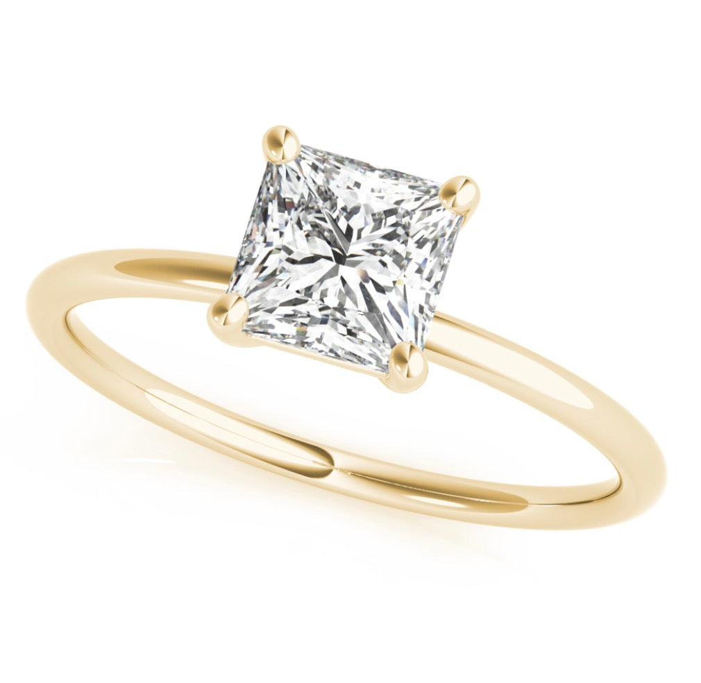 Front view of a princess cut lab grown diamond solitaire engagement ring set in yellow gold 